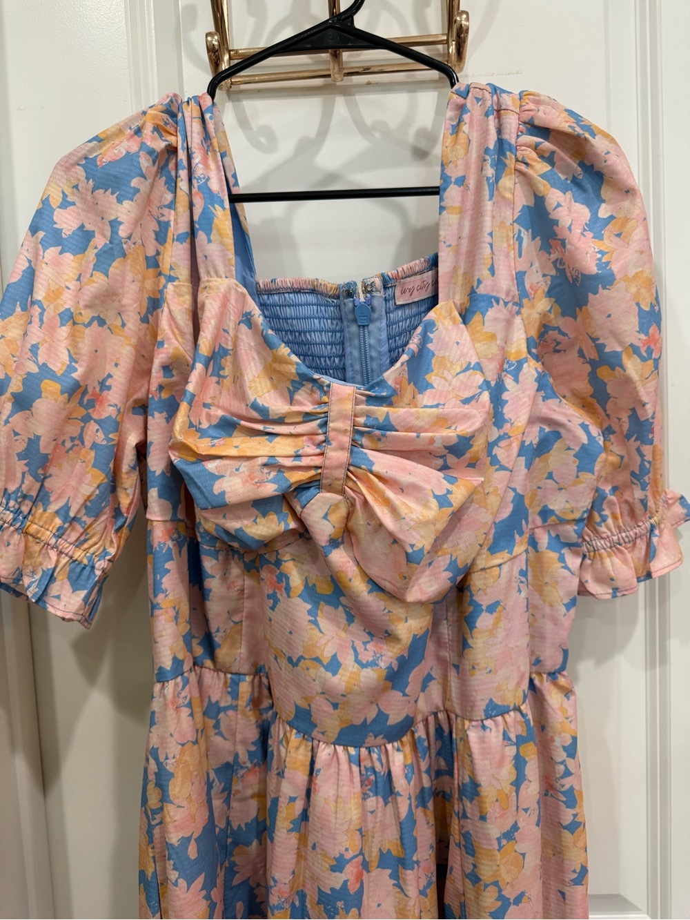 Ivy City Co Pink and Blue Floral Midi Dress with Bow - Picture 2 of 4
